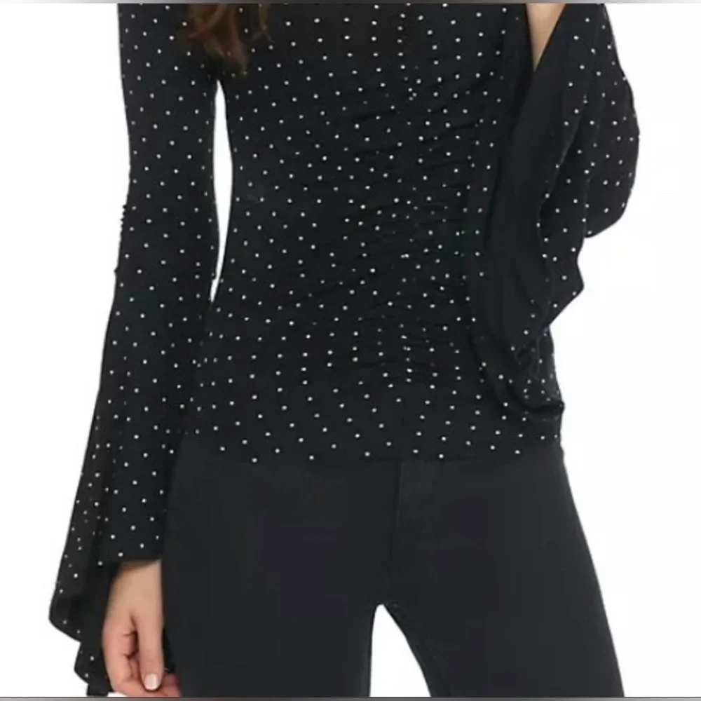 💫 FREE PEOPLE What A Babe Top Black with White Polka Dot Bell Sleeve Blouse NWT - Picture 11 of 15